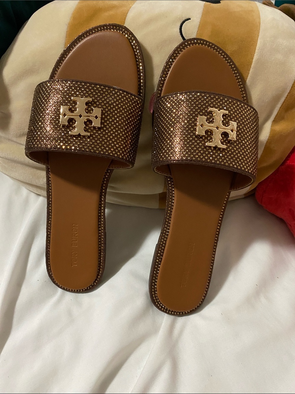 Tory Burch Bronze Metallic Logo Slide Mules